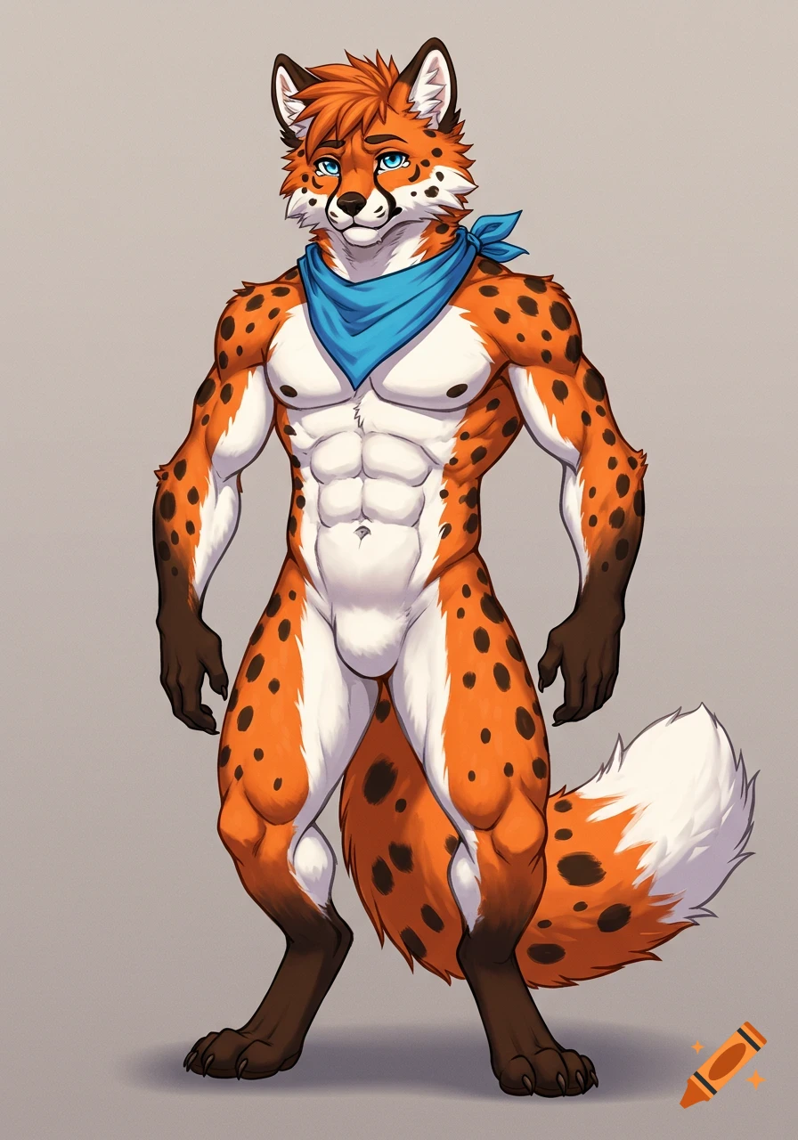 Full-body orange and white fox-cheetah hybrid furry character with black spots, blue eyes, and a blue bandana, standing.