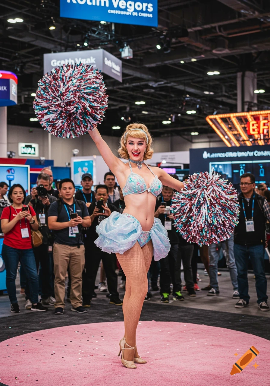 Photorealistic image of a woman in a sparkly blue bikini and ruffled skirt holding pom poms on a pink stage at a trade show.