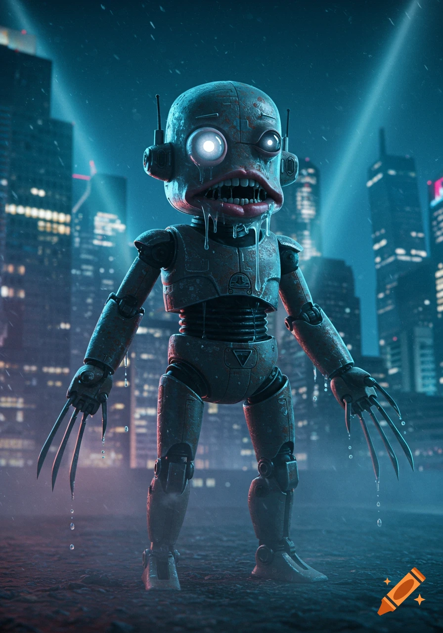 A rusty robot with glowing eyes, a large drooling mouth, and Wolverine claws stands in a rainy city at night.