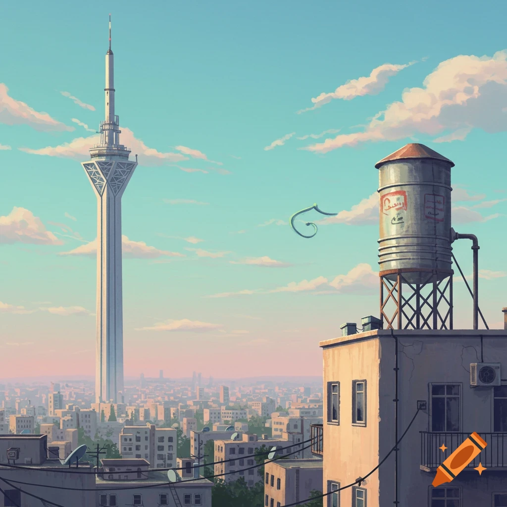 A stylized cityscape with a tall tower (Milad Tower) on the left and a water tank on a building on the right, under a clear blue sky.