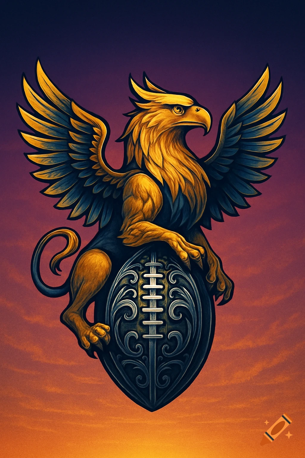 A golden griffin with large wings sits atop an ornate football shield, set against a vibrant purple and orange sky.