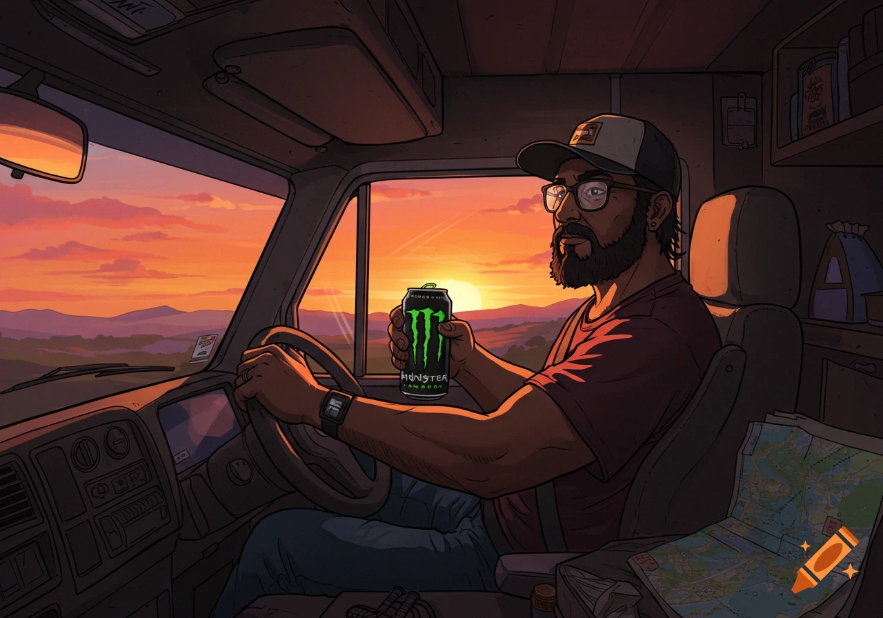 An illustration of a bearded man in a baseball hat driving an RV at sunset, holding a Monster Energy drink.