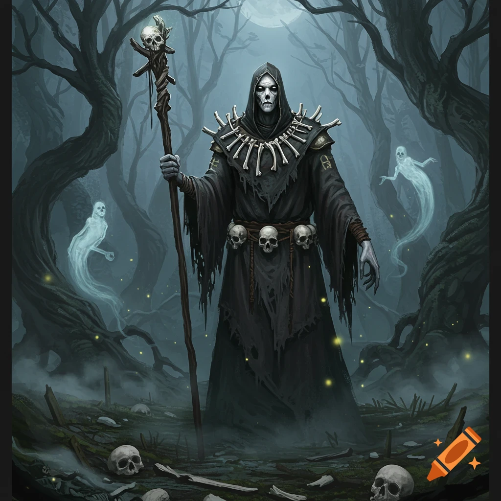 A skeletal figure in a dark hooded robe holding a staff with a skull on top, standing in a misty, moonlit forest with ghosts and scattered bones.