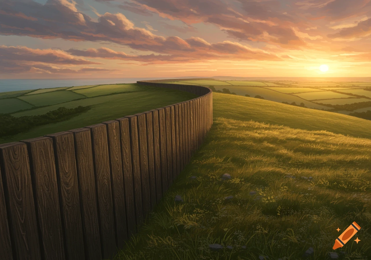A long wooden fence curves through green rolling hills under a vibrant sunset sky, with the ocean visible in the distance.