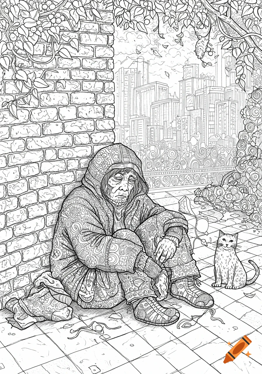 A detailed line art drawing of a person experiencing homelessness sitting by a brick wall with a cat, a city skyline in the background.