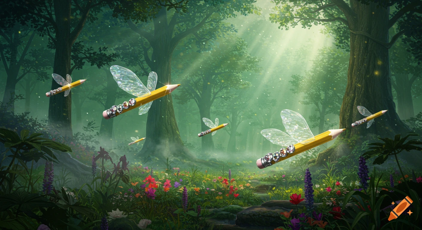 Jeweled pencils with wings fly through a magical, sunlit forest filled with trees and colorful flowers in a cinematic, fantasy style.