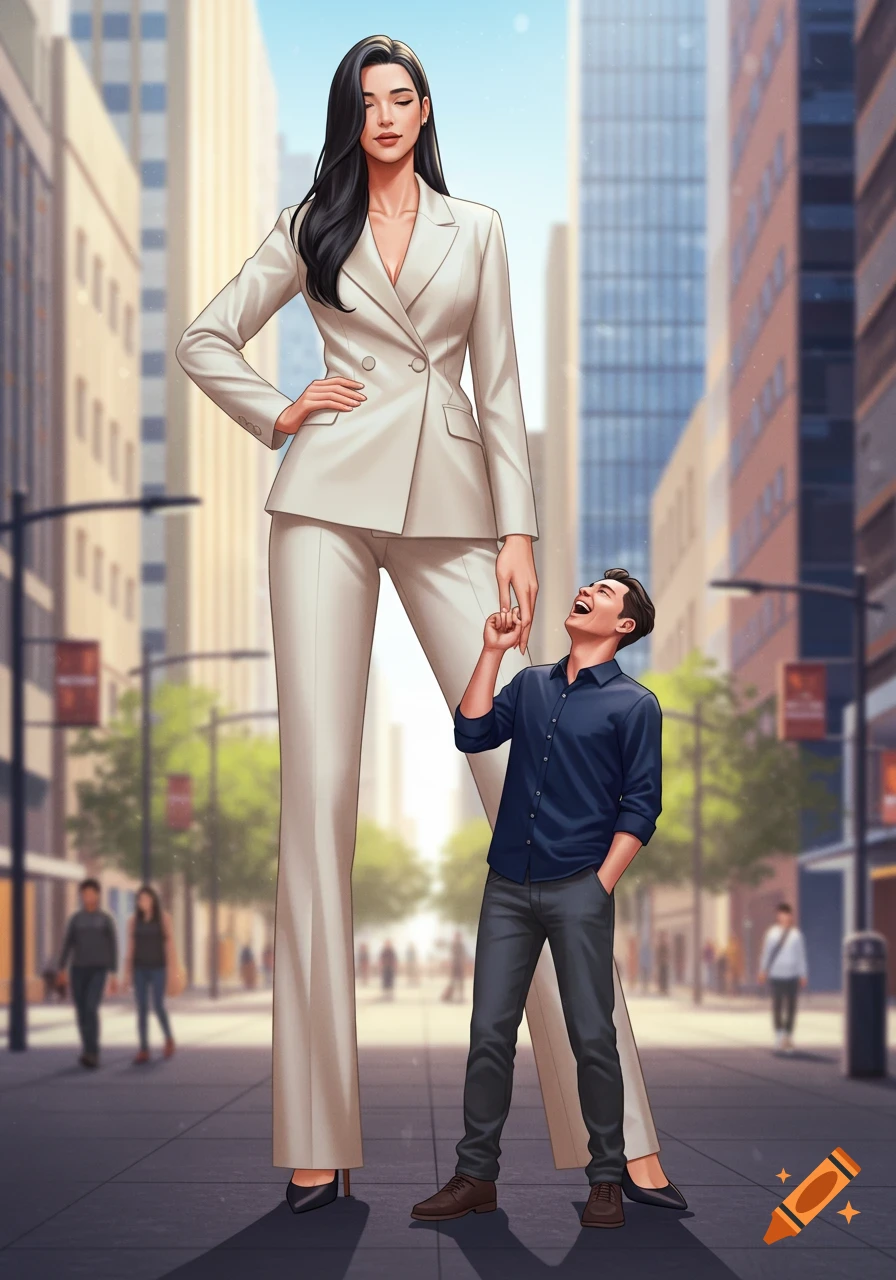 Illustrated image of a giant woman in a cream suit holding hands with a much smaller laughing man on a city street.