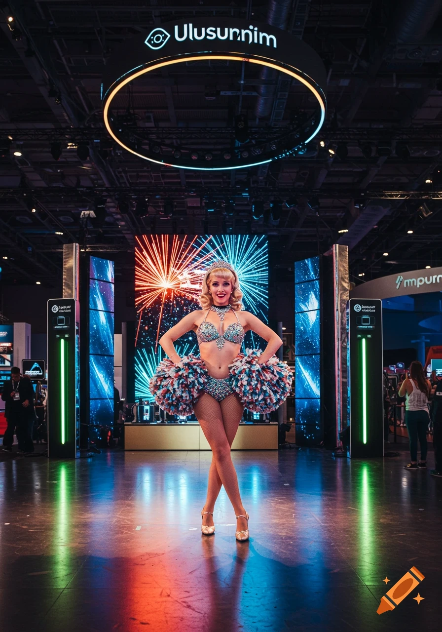 A female performer in a sparkly bikini costume with pom-poms and a tiara, posing on a stage at a colorful trade show.