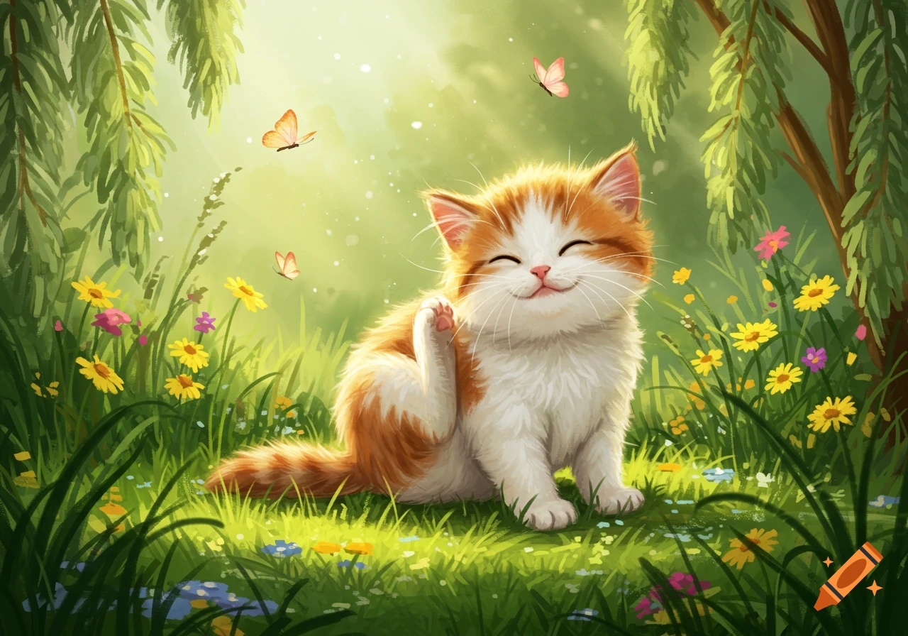 A happy ginger and white kitten with closed eyes scratches its ear in a sunny meadow filled with green grass, yellow and pink flowers, and butterflies flying around.