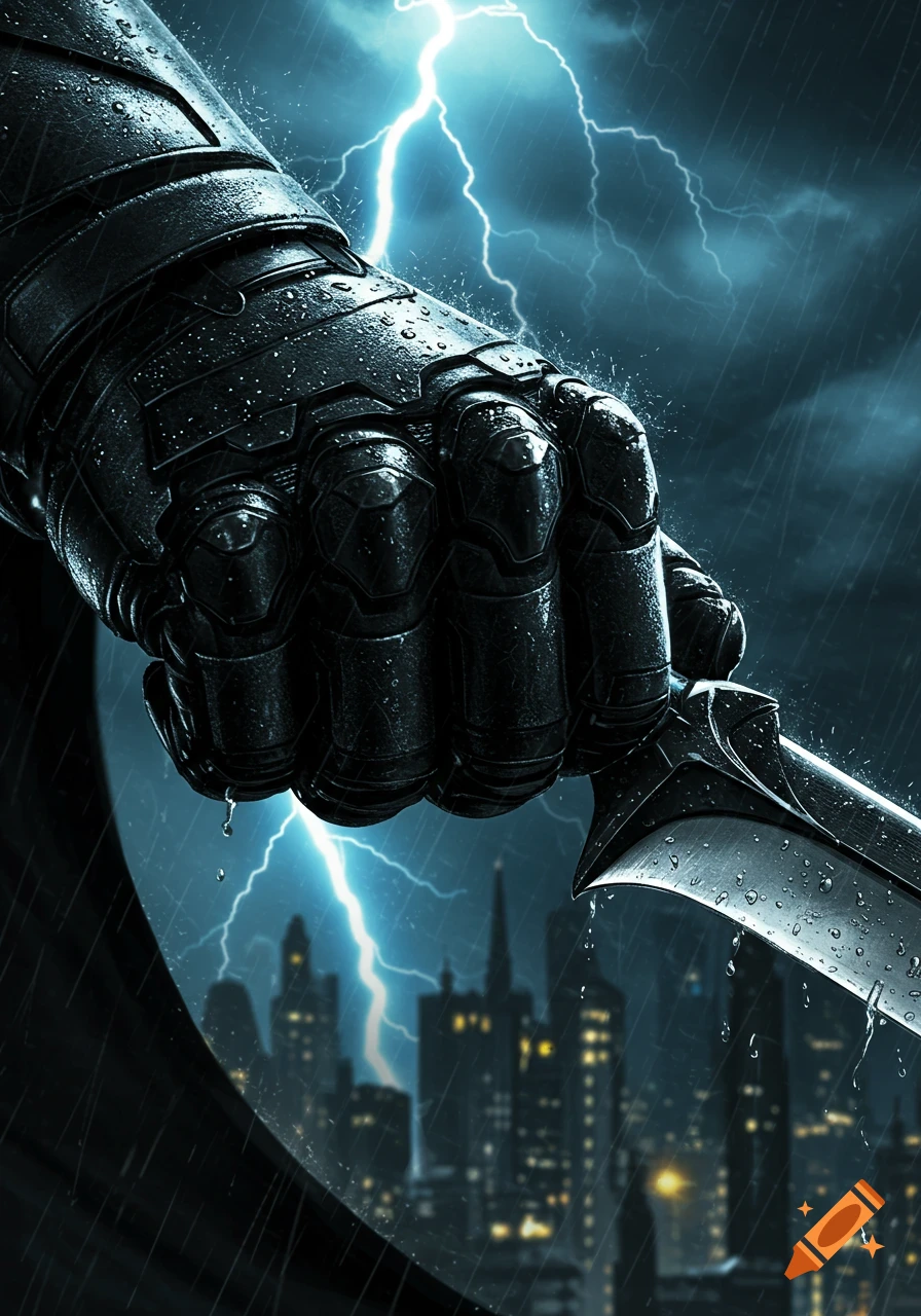 A close-up of Batman's armored hand holding a blade in the pouring rain, with lightning striking over a dark city skyline.