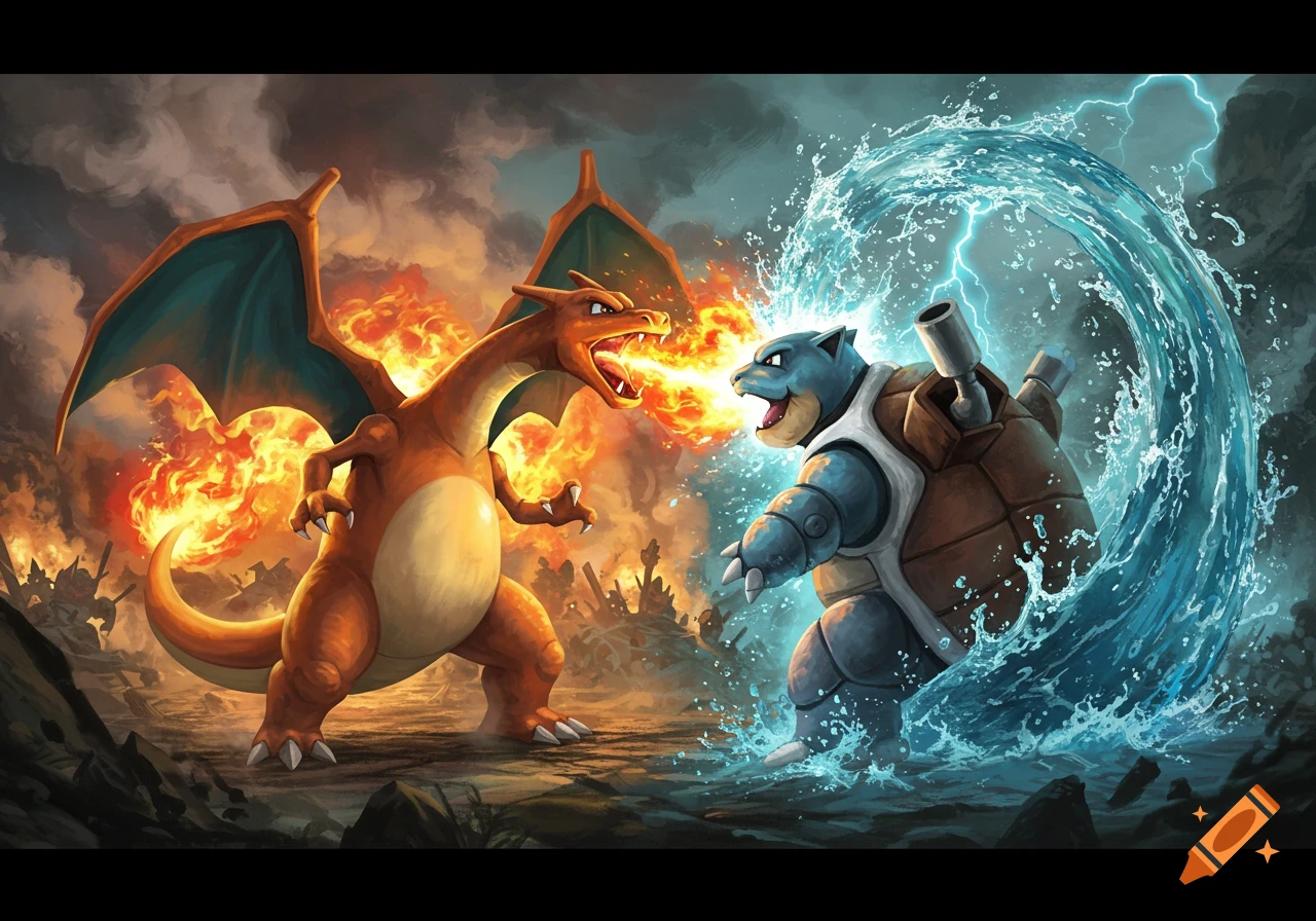 Charizard breathing fire at Blastoise, who is unleashing a powerful wave of water, in a dynamic fantasy battle scene.