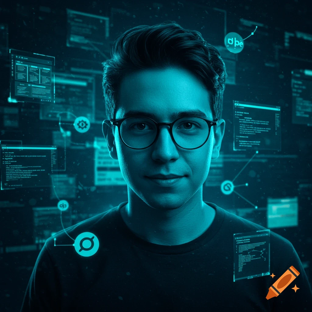 Close-up portrait of a young man with glasses, set against a dark, glowing blue digital background with floating code windows and abstract tech symbols.