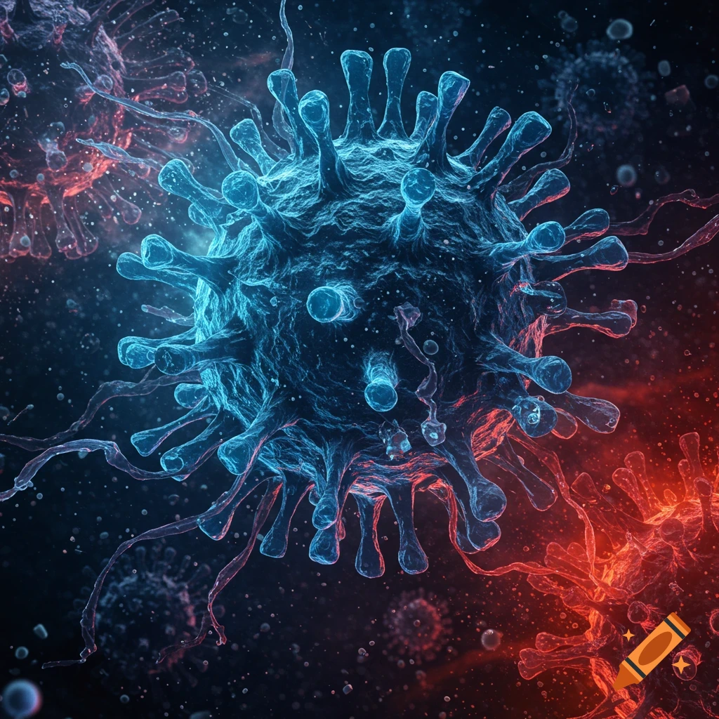 Close-up microscopic view of blue and red virus particles with spike proteins, against a dark, speckled background.