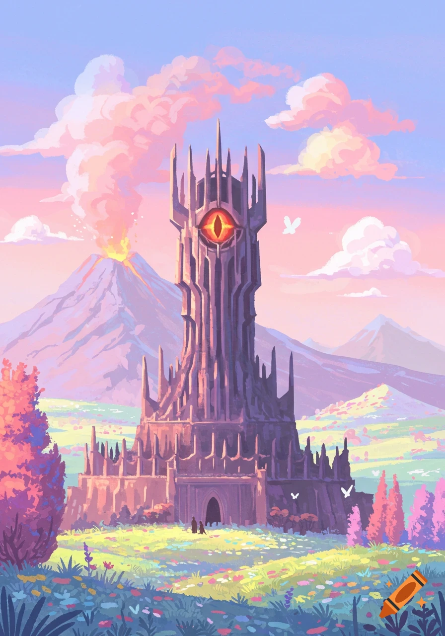 An illustrative, cheerful pastel landscape featuring the Eye of Sauron tower, a smoking volcano, and a vibrant field.