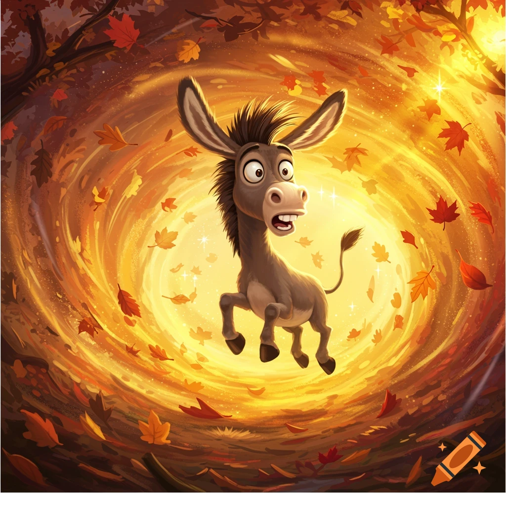 A startled cartoon donkey floats in a swirling autumn whirlwind of orange and red leaves, bathed in a bright golden light.