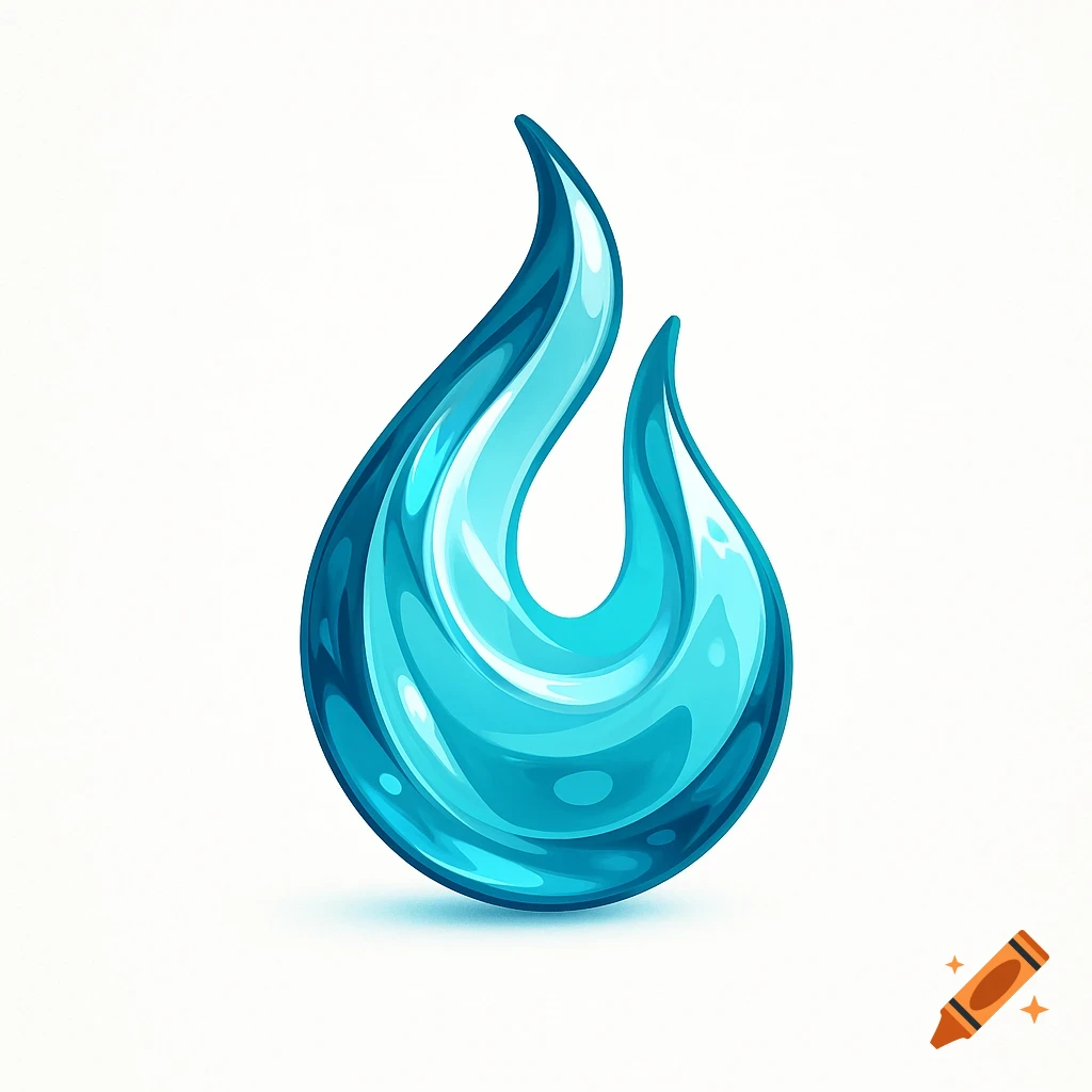 A stylized, glossy aqua and turquoise water flame logo with liquid reflections on a white background.