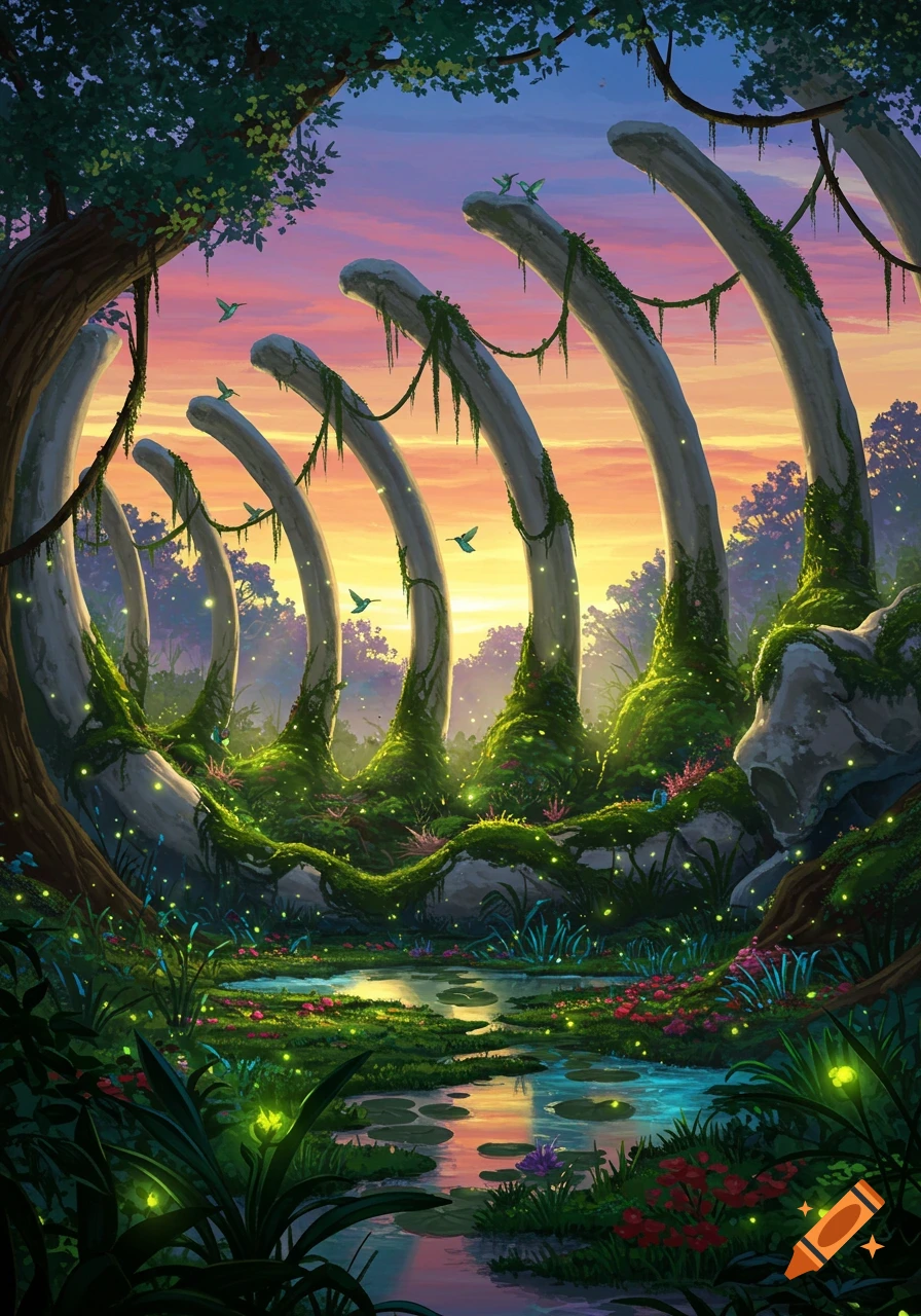 A vibrant fantasy landscape featuring colossal ribcage bones overgrown with lush jungle foliage, a glowing pond, and colorful sunset.