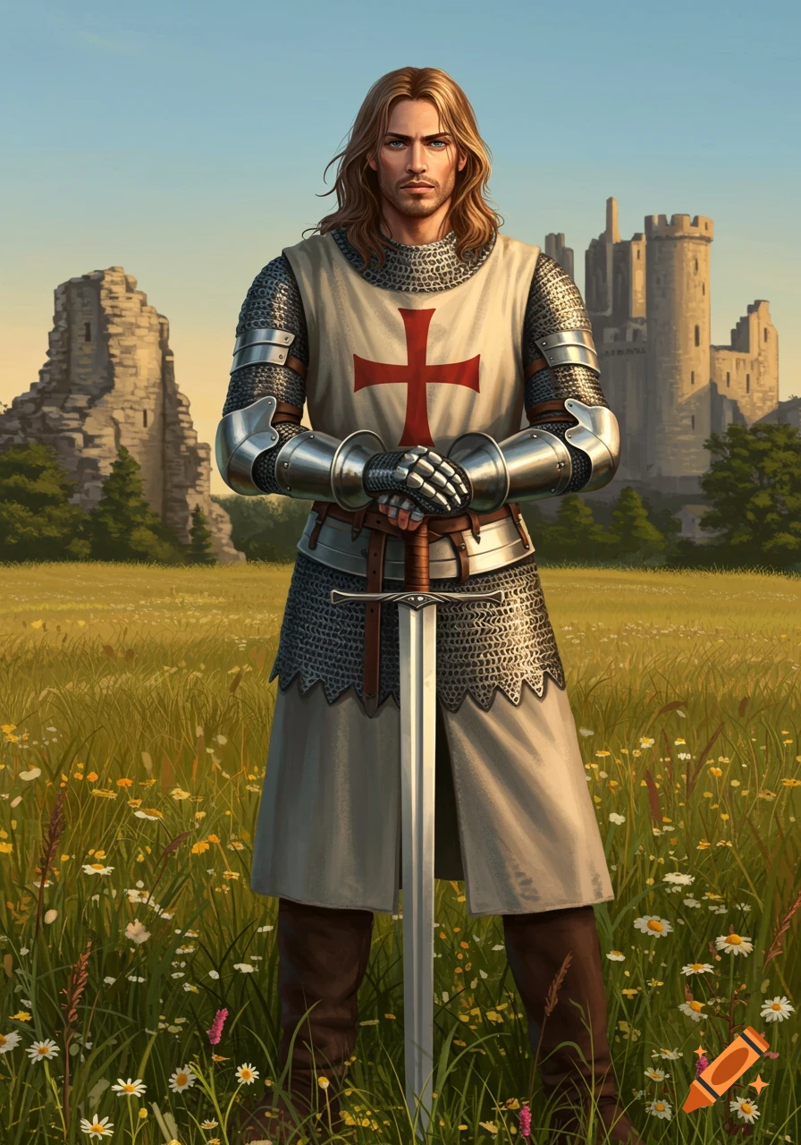A handsome knight with long blonde hair in full armor holding a sword in a field with castles in the background.