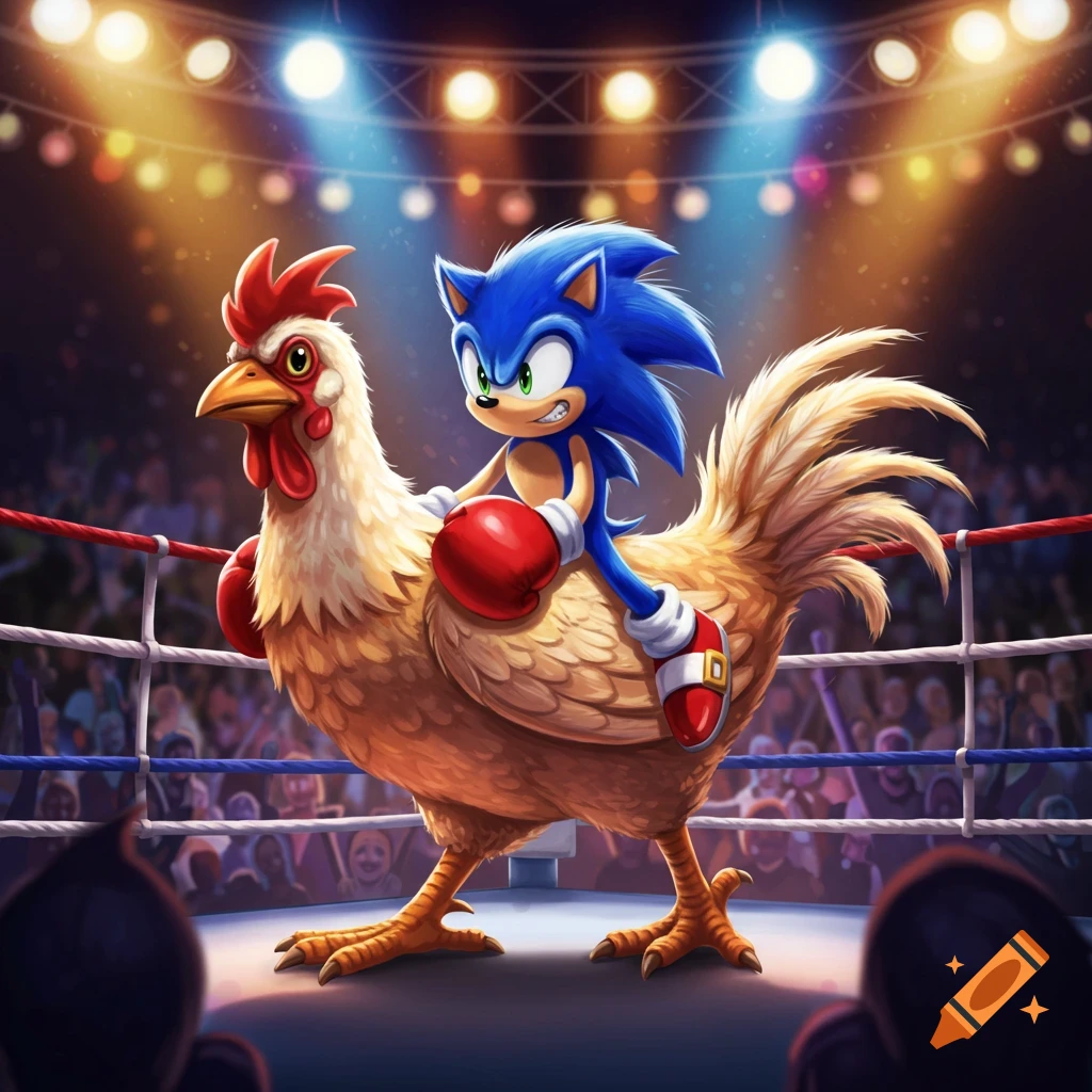 Sonic the Hedgehog rides a chicken wearing boxing gloves in a brightly lit boxing ring, digital art.