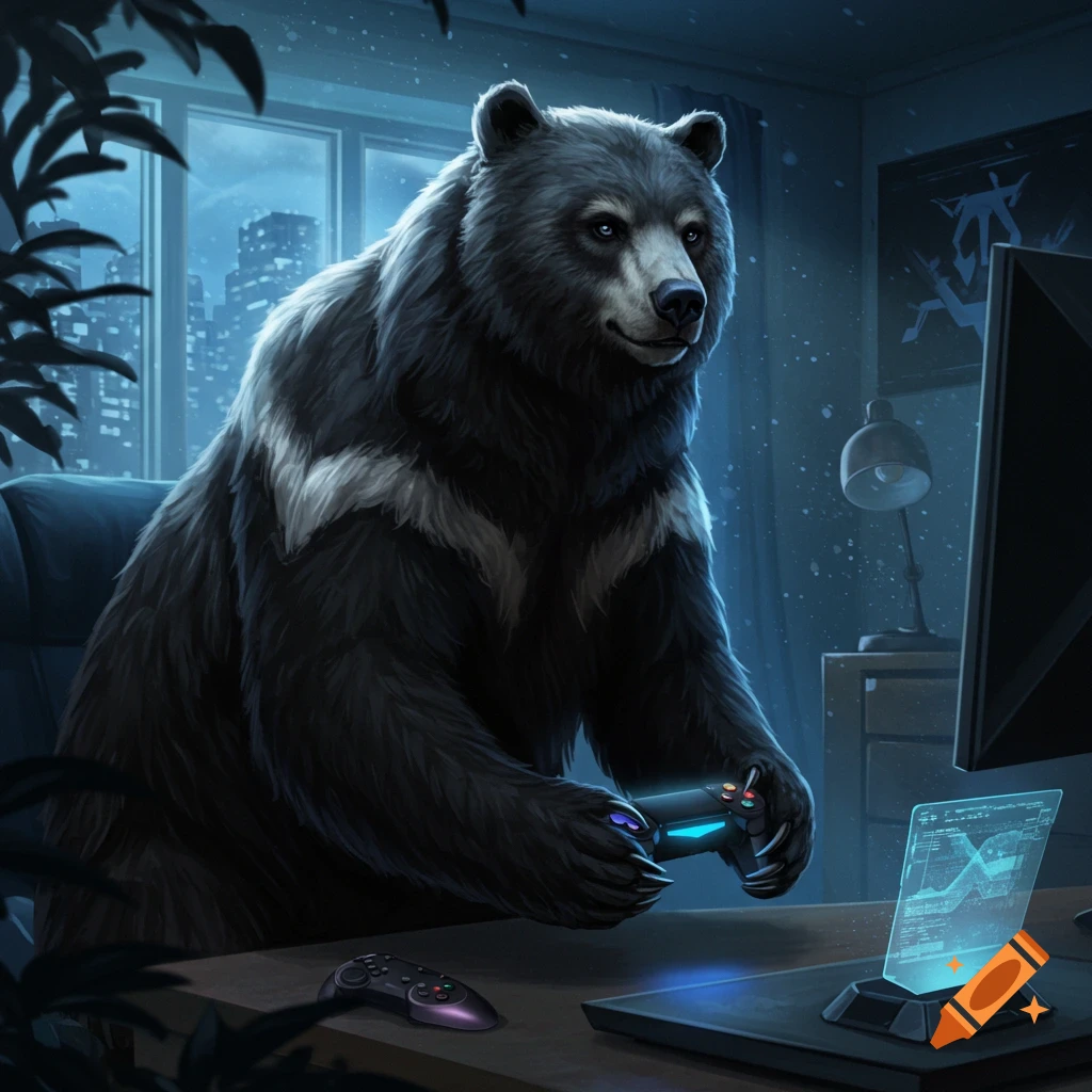 A black bear sitting at a desk in a dark room, playing video games with a controller.
