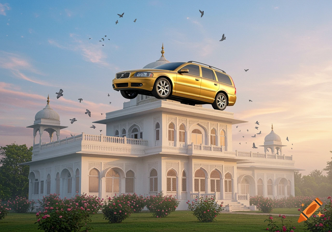 A photorealistic image of a golden Volvo estate car perched atop the roof of a large, ornate white mansion with numerous birds flying in the sky.