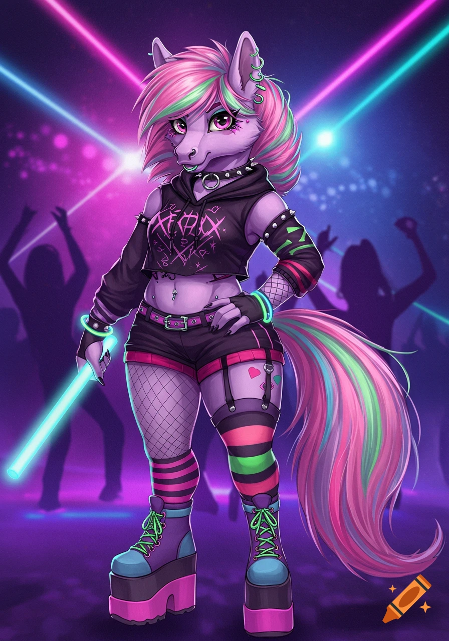 An anthropomorphic purple horse fursona with pink and green hair, wearing scene-aesthetic clothes, fishnets, and platform boots, holds a glow stick at a rave party with laser lights.