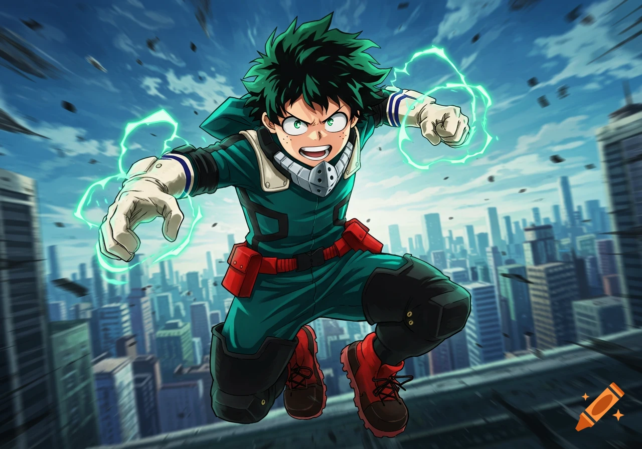 Anime hero Izuku Midoriya in his green suit leaps through a city, surrounded by vibrant green energy.