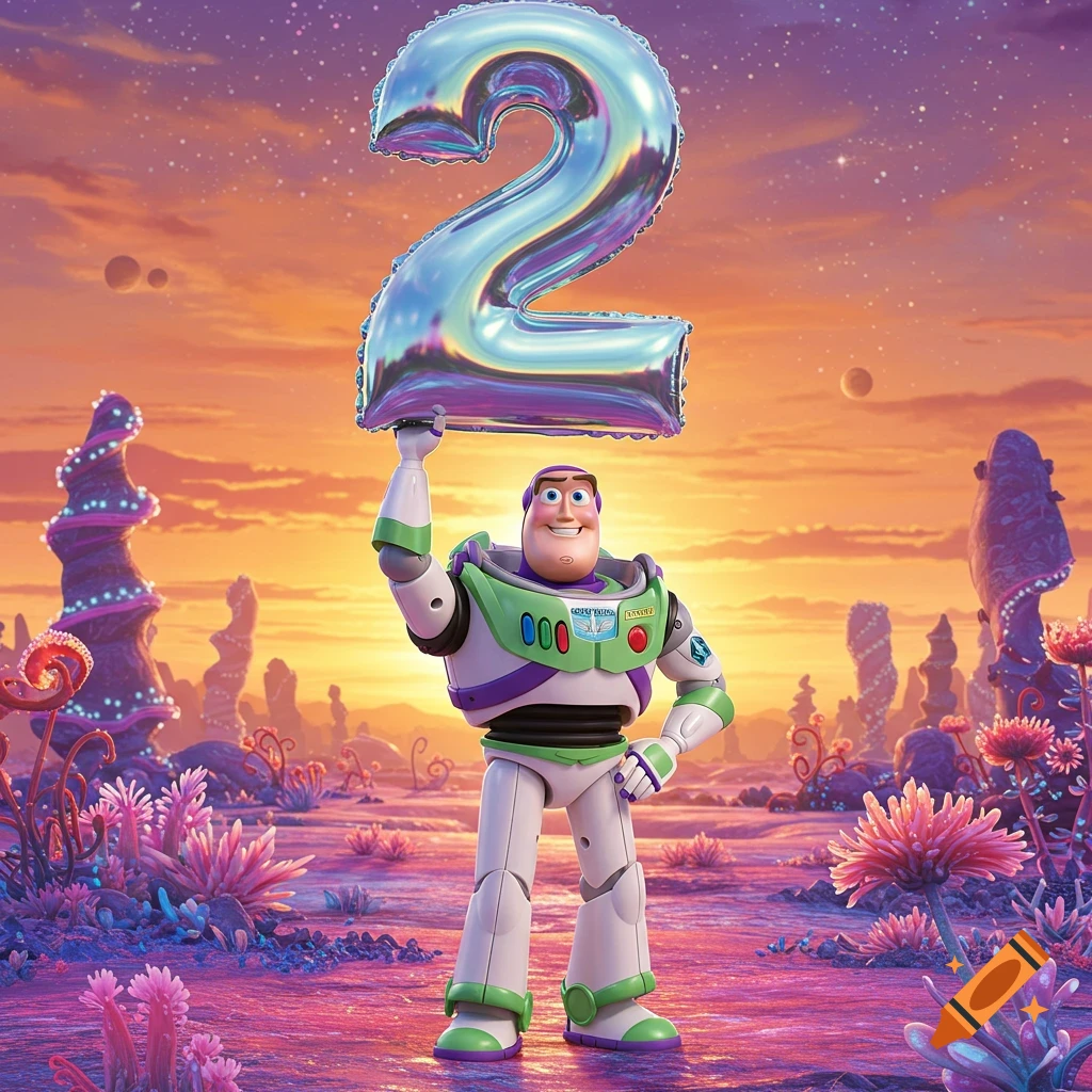 Buzz Lightyear holds a silver number 2 balloon in a vibrant alien landscape with pink and purple flora under an orange sky, in a 3D animated style.