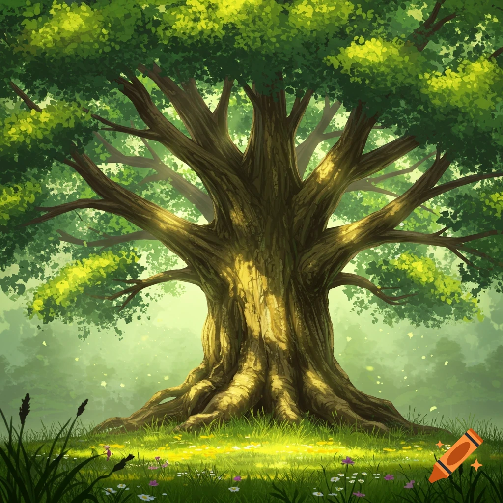 A large, ancient tree with many branches and green leaves stands in a sunlit grassy field with small flowers, in an illustration style.