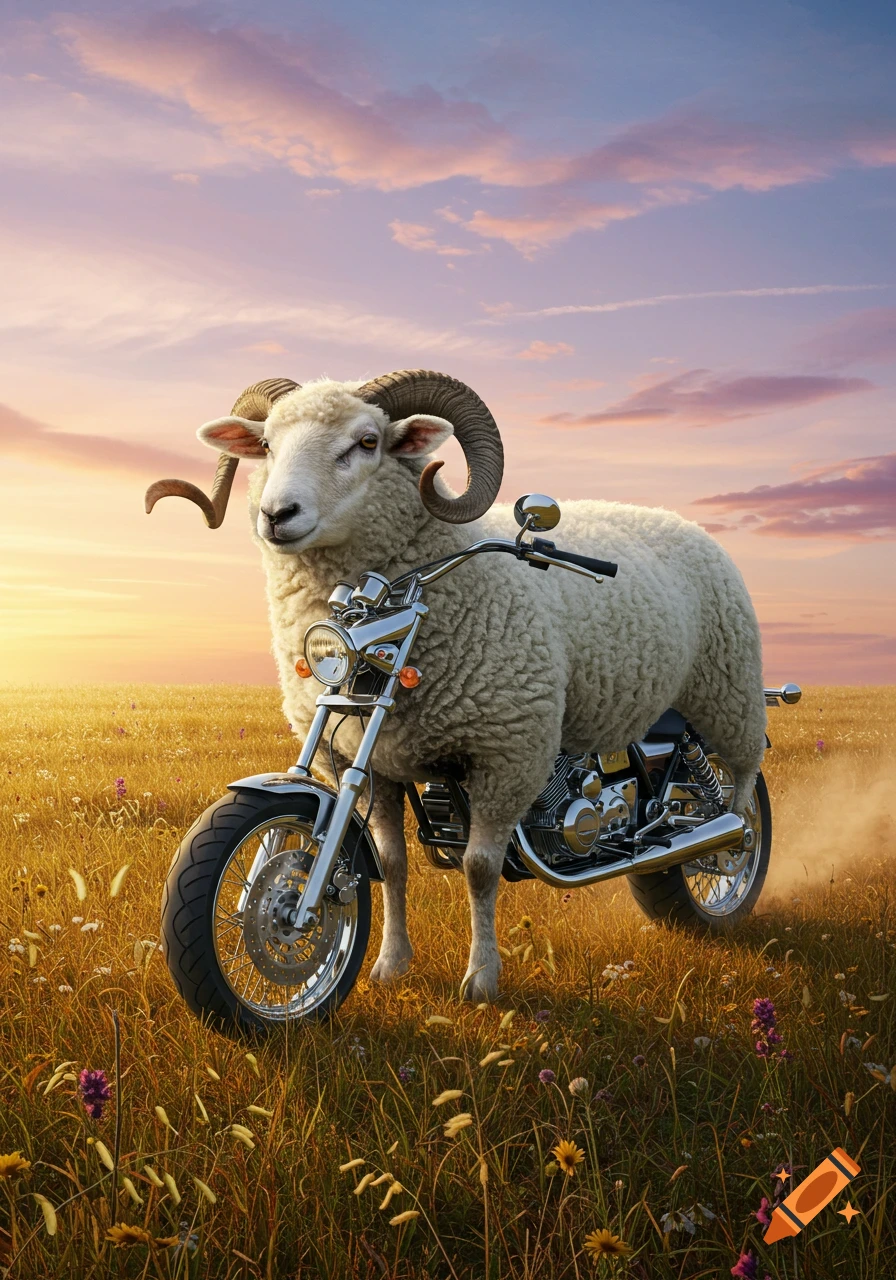 A ram with a motorcycle body stands in a grassy field at sunset.