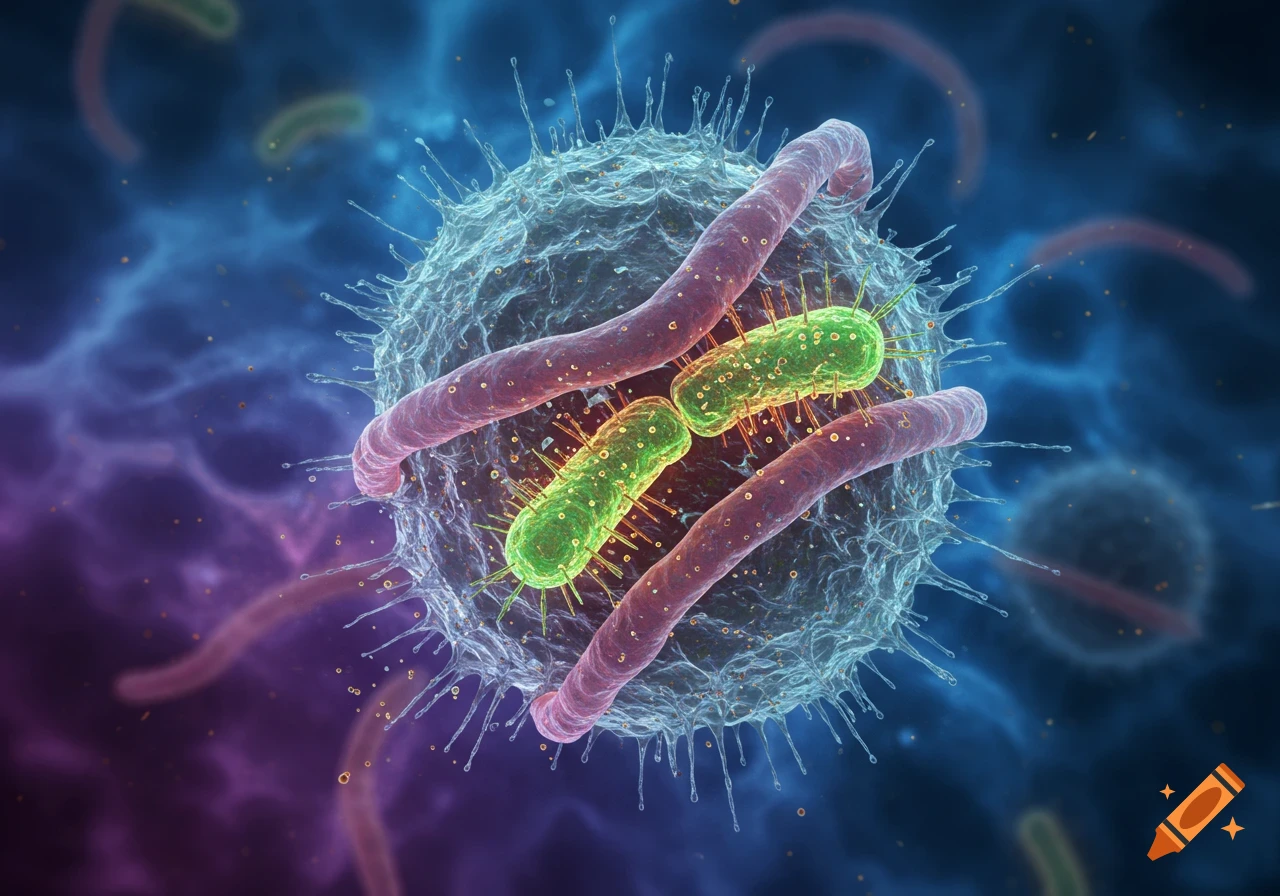 A close-up 3D rendering of a spiky, translucent blue virus or cell interacting with green, rod-shaped bacteria, all against a dark, blurry blue and purple background with other microscopic organisms.