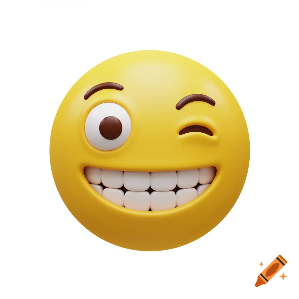 A 3D rendering of a goofy yellow emoji winking with one eye wide open and a wide smile showing teeth, on a white background.