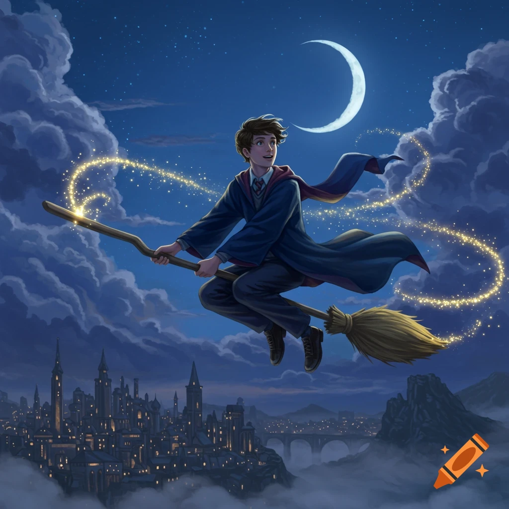A young wizard student flies on a broomstick through the night sky above a magical city, under a crescent moon.