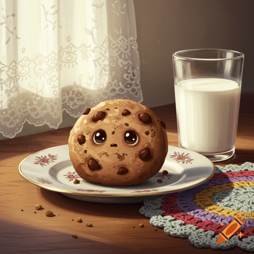 A shy, round chocolate chip cookie with big eyes sits on a plate, next to a glass of milk on a wooden table, with a lace curtain in the background.