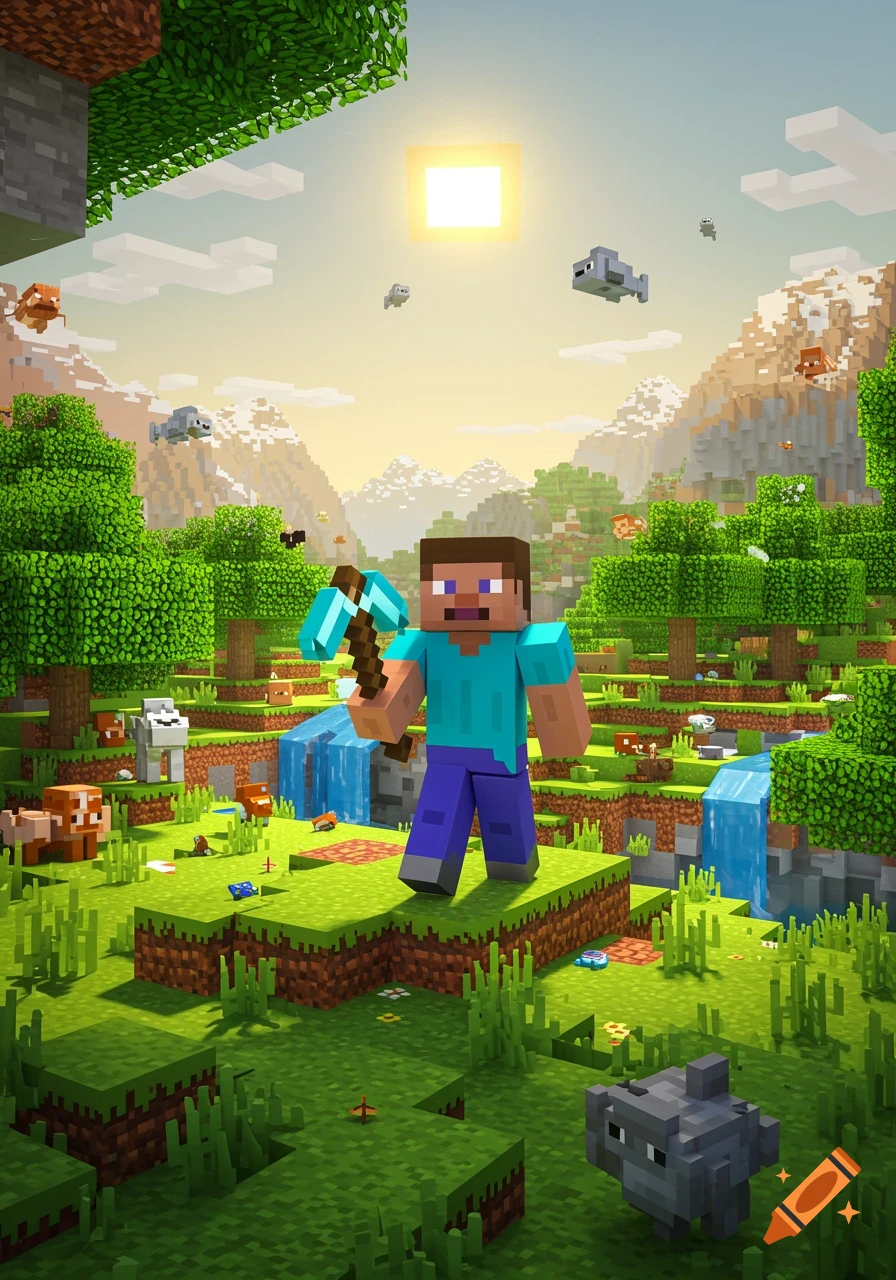 Minecraft character Steve holds a pickaxe in a blocky world with trees, waterfalls, mountains, and animals under a bright sun.