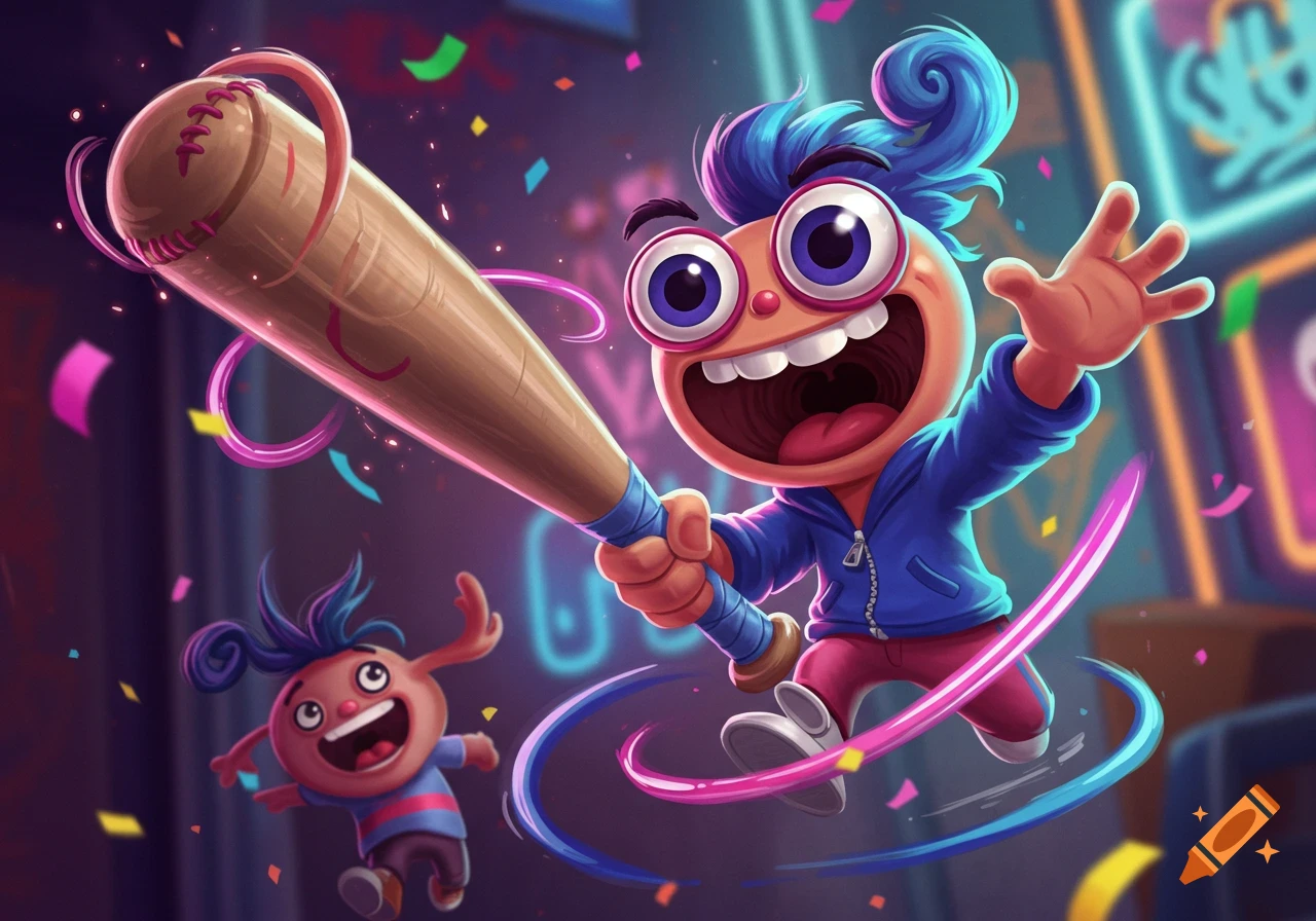A joyful blue-haired cartoon character jumps with a baseball bat as confetti falls around, with another small character in the background.