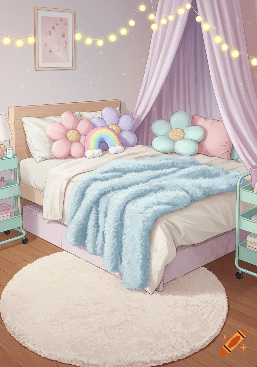 A cozy pastel bedroom with a bed featuring a fuzzy light blue blanket, flower-shaped pillows, a rainbow plush, and a canopy. Fairy lights illuminate the wall, and a mint green rolling cart sits beside the bed.