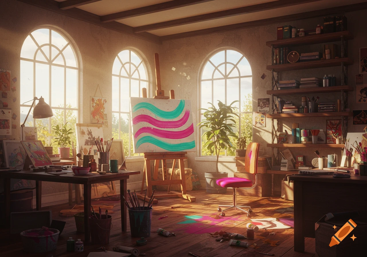 A sunlit artist's studio with an easel holding a painting of pink and teal waves, art supplies, and large arched windows.