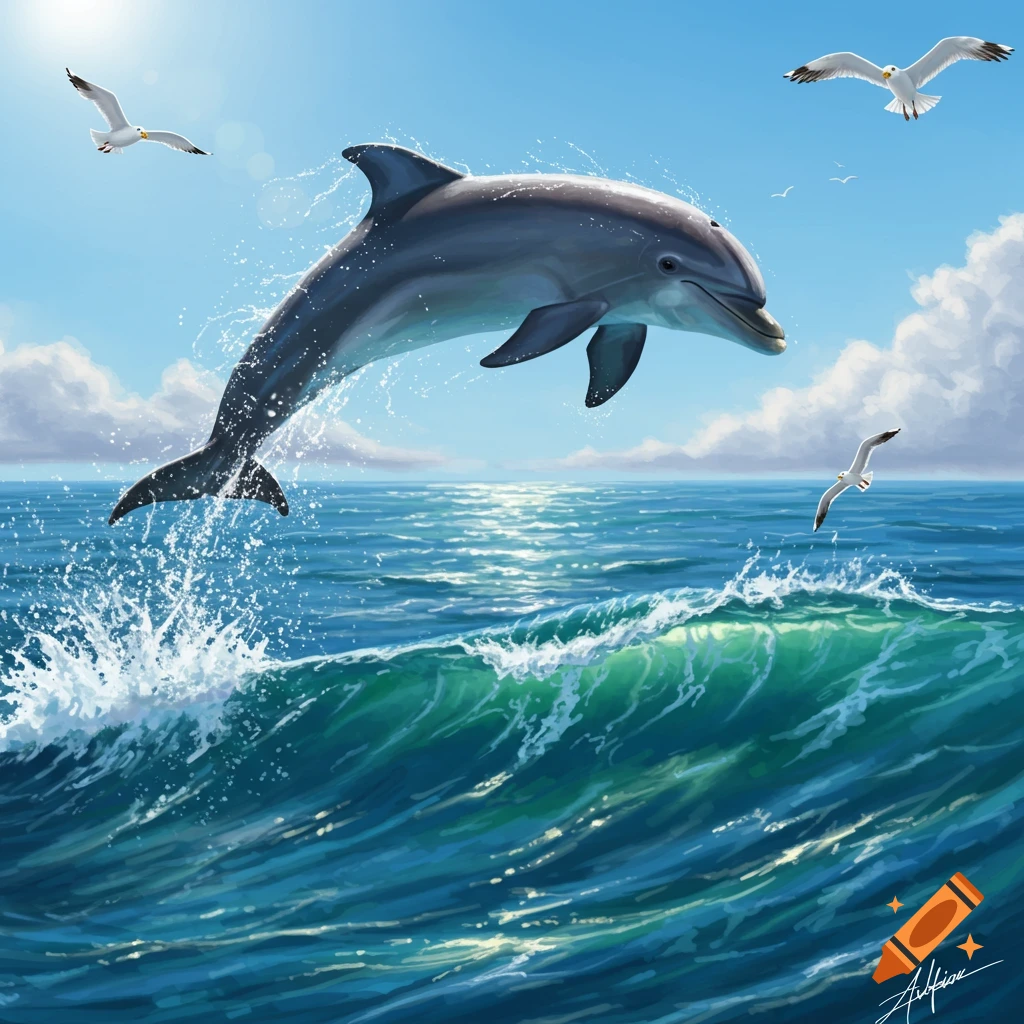 A vibrant illustration of a dolphin leaping out of a bright blue ocean, surrounded by water splashes and flying seagulls under a clear sky.
