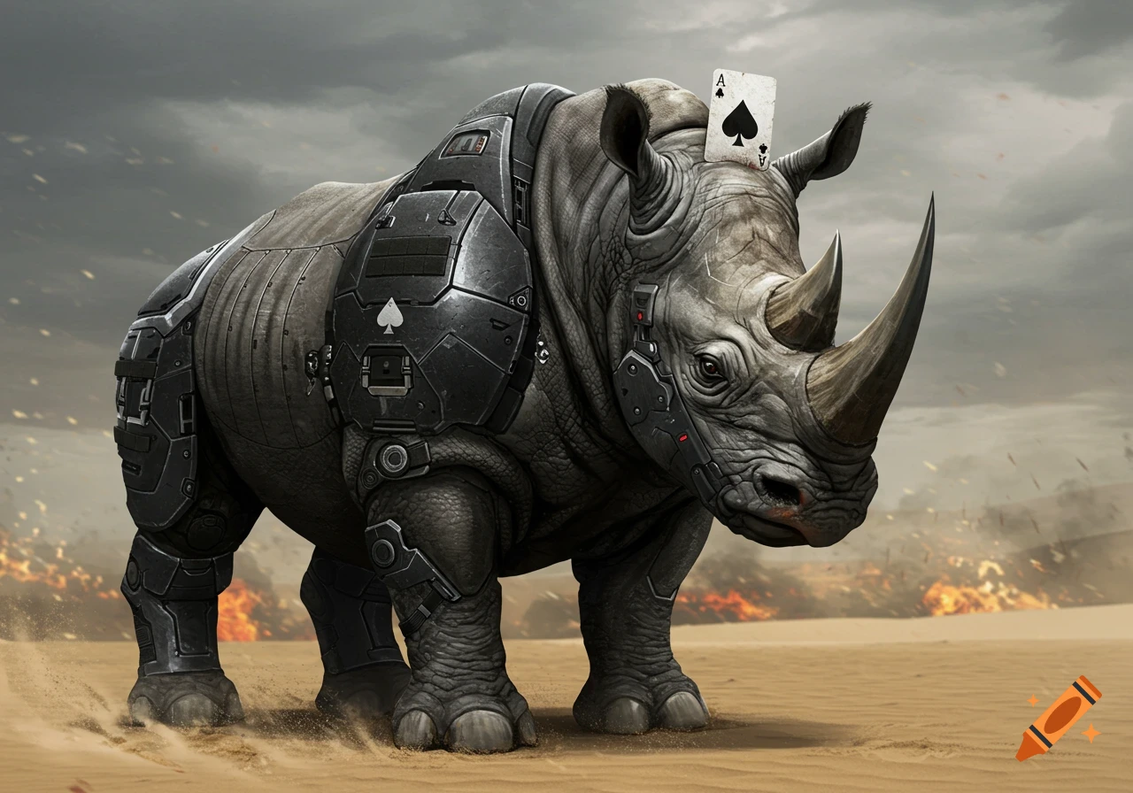 A powerful armored rhino with an Ace of Spades card on its head stands in a barren, stormy landscape with distant fires.