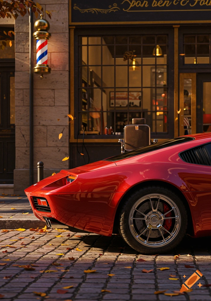 A red sports car parked on a cobblestone street in front of a classic barber shop with a barber pole, photorealistic style.
