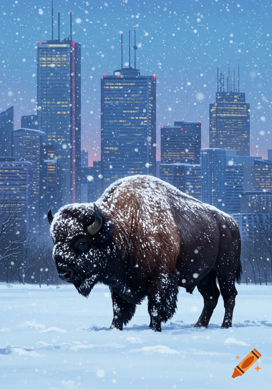 A snow-covered bison stands in a snowy park with a city skyline in the background during snowfall.