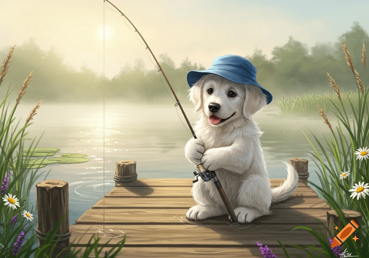 An illustration of a white golden retriever puppy wearing a blue hat, sitting on a wooden dock and holding a fishing pole on a misty lake at sunrise.