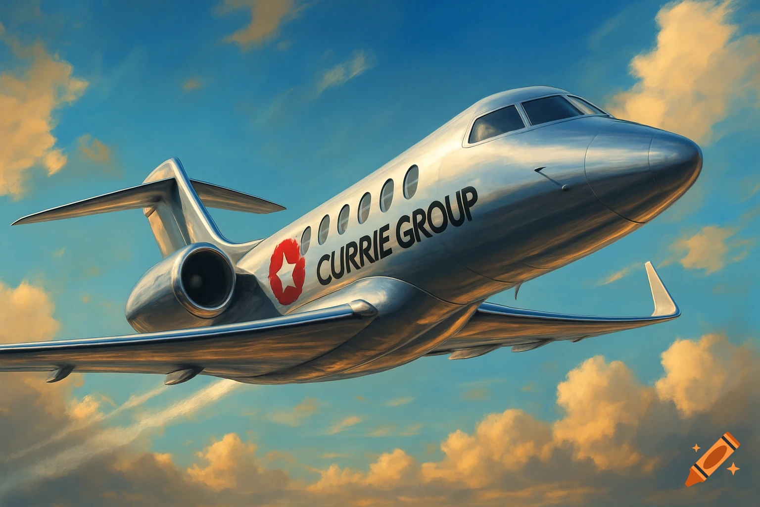 A silver jet plane with 'CURRIE GROUP' and a red star logo on its side flies through a blue sky with golden clouds, in a painted style.