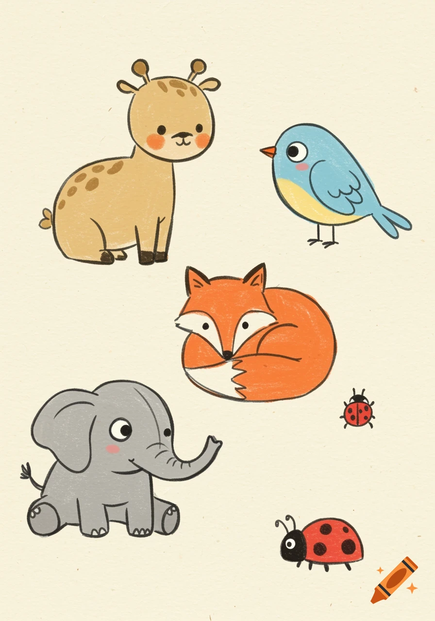 A simple drawing of various cute cartoon animals including a giraffe, a blue bird, a curled-up fox, a sitting elephant, and two red ladybugs, all on a light background.
