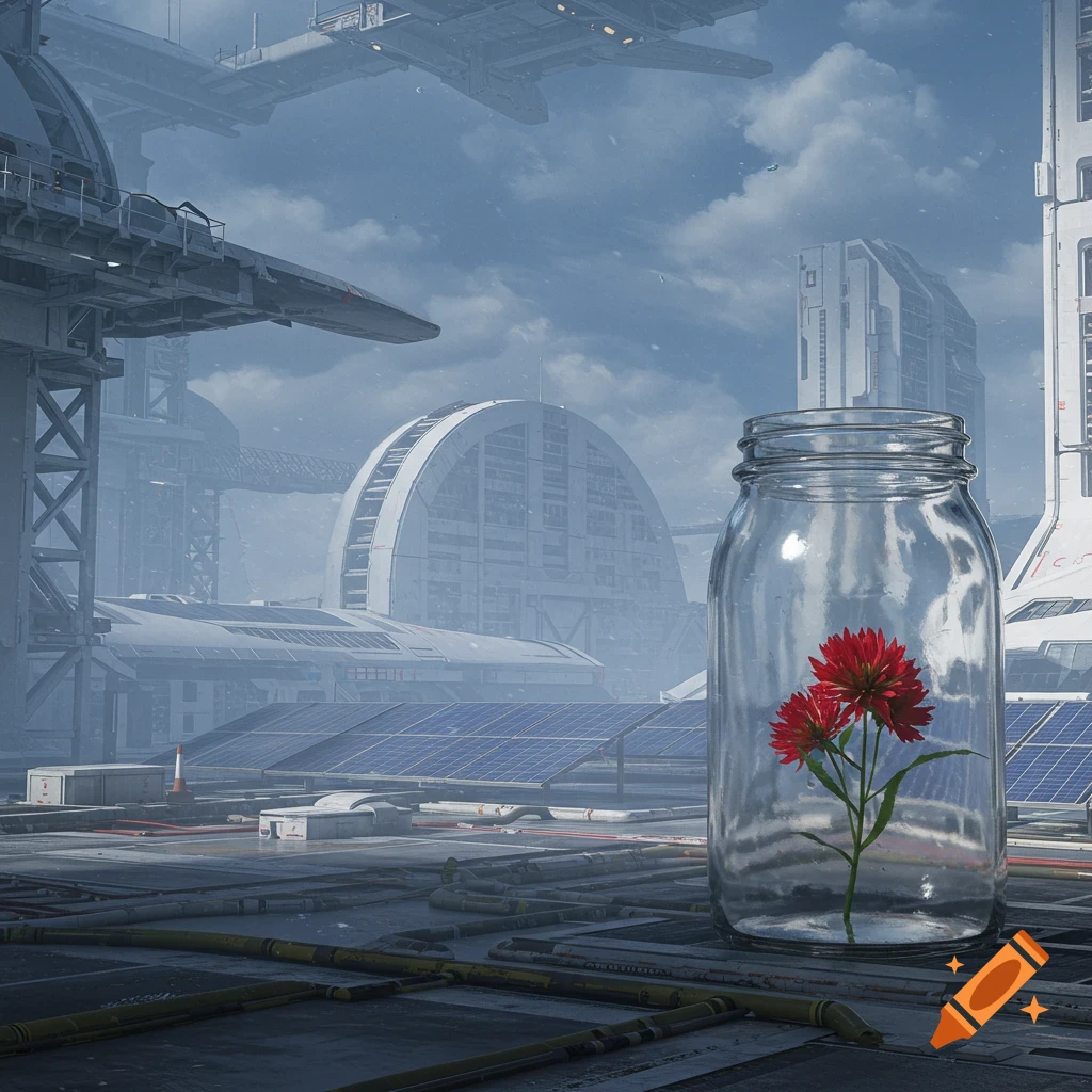 A glass jar with red flowers on a futuristic industrial rooftop with solar panels, against a sci-fi city background.