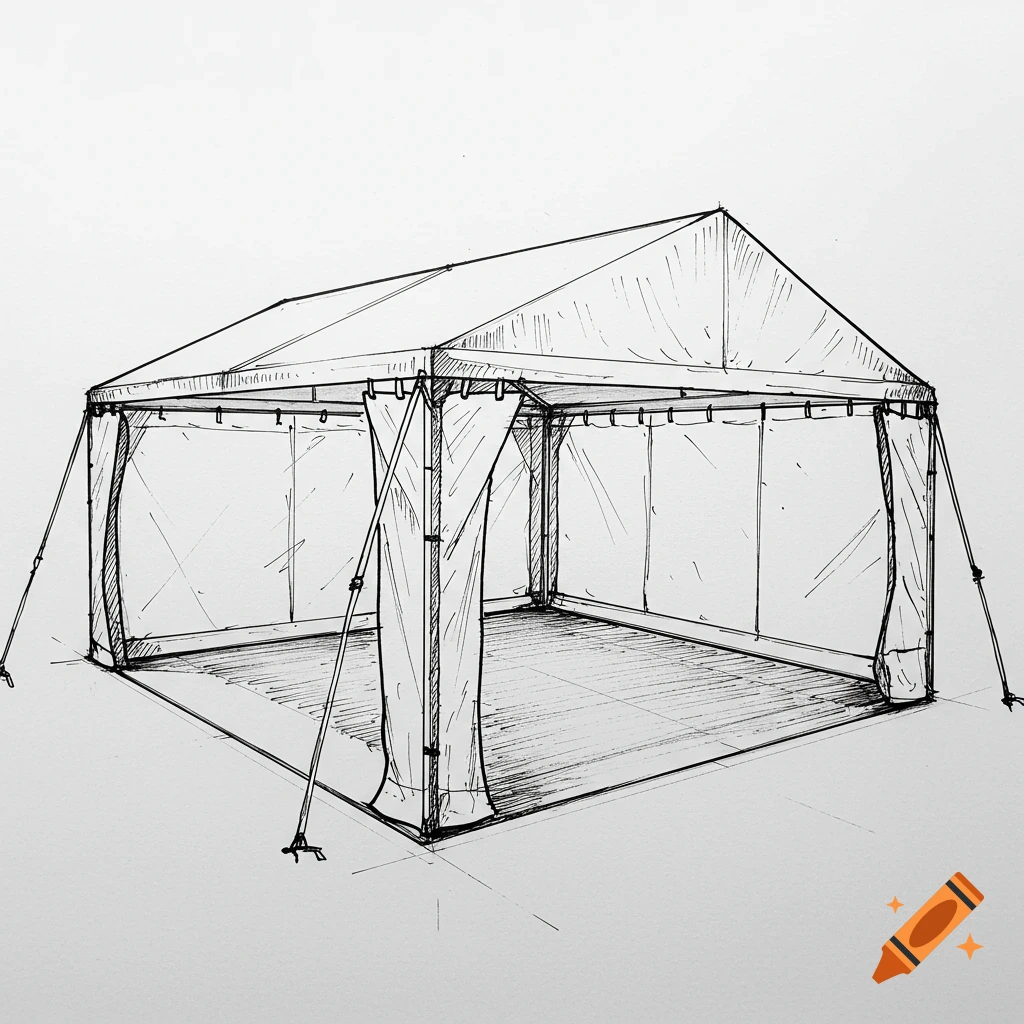 Black and white sketch of a square marquee tent with a peaked roof and open sides.