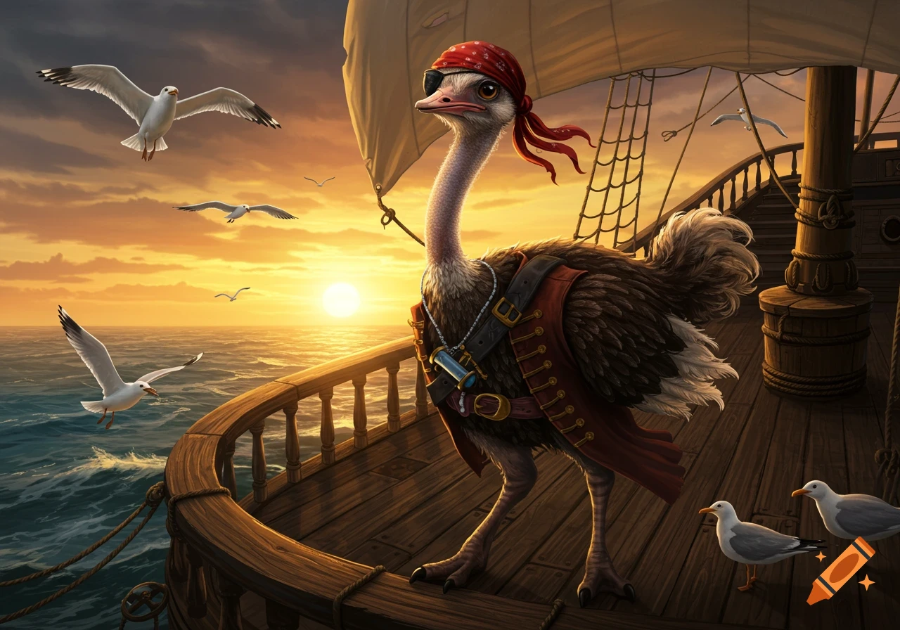 A whimsical ostrich wearing a red pirate bandana and coat stands on the deck of a wooden ship at sunset, with seagulls flying around.