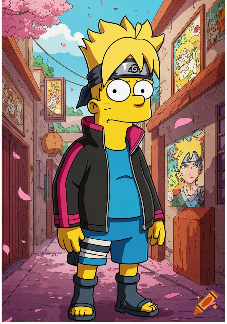 Bart Simpson dressed as Boruto in a black jacket and blue shorts, standing in an anime-style street with cherry blossoms.