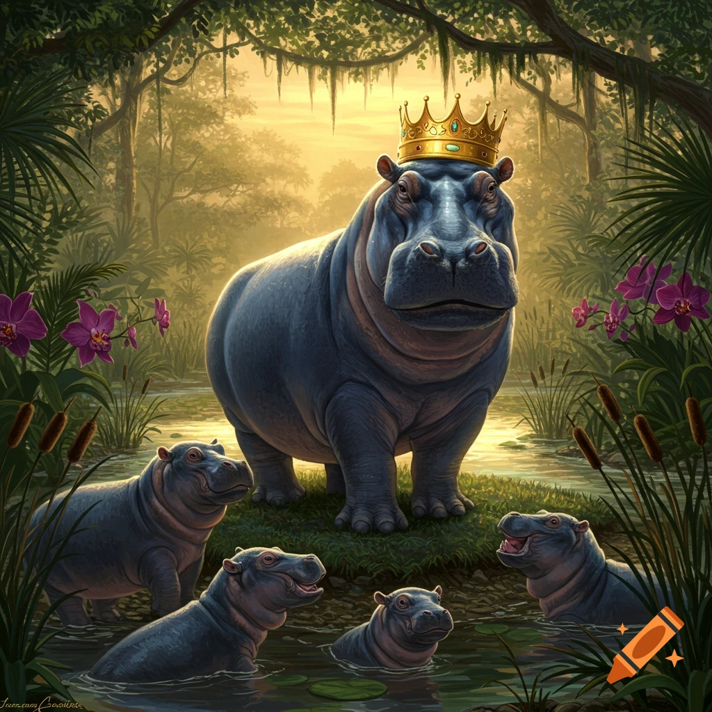 A majestic hippo king with a golden crown stands in a lush swamp with smaller hippos and purple orchids at sunset.